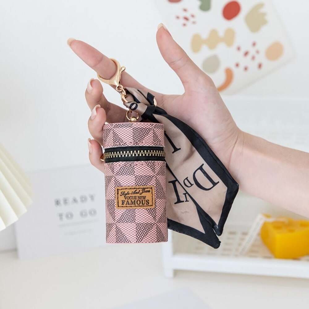 Pink Geometric Checkered Mini Barrel Lipstick Case Keychain with Ribbon Scarf